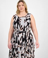 Sandra Darren Plus Belted Printed Sleeveless Midi Dress