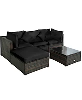 Gymax 5PCS Rattan Patio Conversation Set Outdoor Furniture Set w/ Ottoman Black Cushion