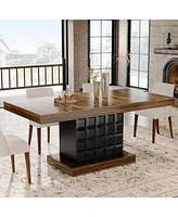 Tribesigns 63'' Dining Table for 4-6, Farmhouse Wooden Rectangular Dinner with Geometric Relief, Pedestal Base