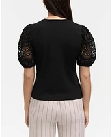 Ellen Tracy Women's Eyelet Puff Sleeve Top