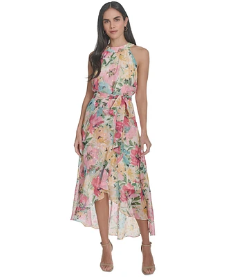 Jessica Howard Women's Floral Chiffon Tie-Waist High-Low Midi Dress