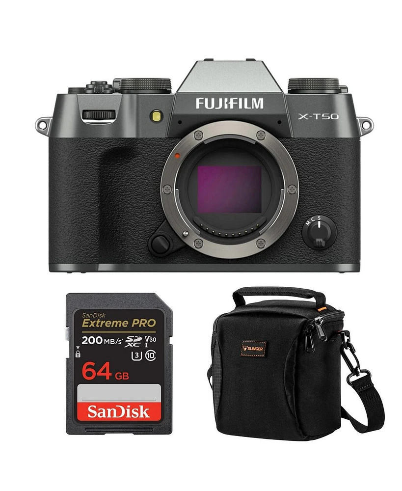 Fujifilm X-T50 Mirrorless Camera, Charcoal Silver, Bundle with 64GB Sdxc Memory Card and Shoulder Bag