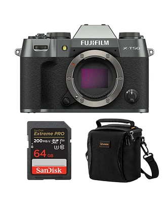 Fujifilm X-T50 Mirrorless Camera, Charcoal Silver, Bundle with 64GB Sdxc Memory Card and Shoulder Bag