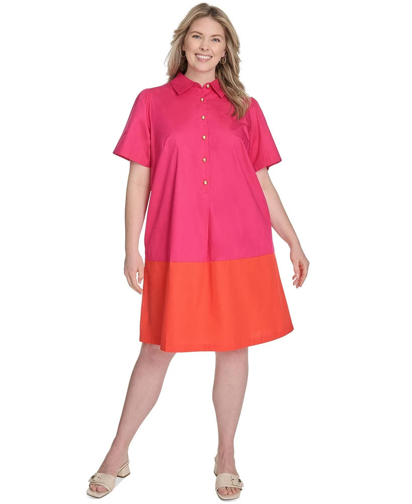 Jessica Howard Plus Cotton Colorblocked Shift Shirtdress