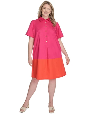 Jessica Howard Plus Cotton Colorblocked Shift Shirtdress