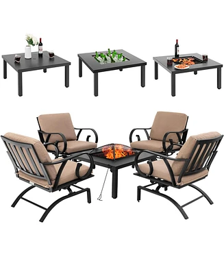 Gymax 5PCS Cushioned Patio Dining Set Heavy-Duty Rocking Chairs with 4-in-1 Fire Pit Table