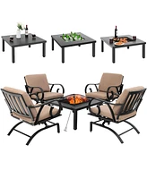 Gymax 5PCS Cushioned Patio Dining Set Heavy-Duty Rocking Chairs with 4-in-1 Fire Pit Table