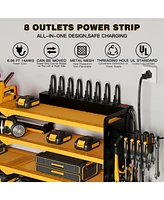 Hausource 4-Tier Power Tool Organizer Wall Mount Tool Storage Workbench W/8 Drill Holder Utility Shelving,Yellow