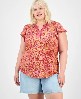 Democracy Trendy Plus Printed Flutter-Sleeve Top