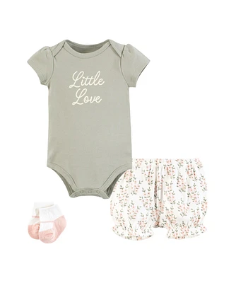 Hudson Baby Girls Bodysuit, Short and Sock, Pink Sage Floral