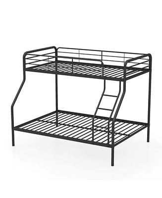 Twin over Full Metal Bunk Bed with Inclined Ladder Safety Guardrail, Slat Support
