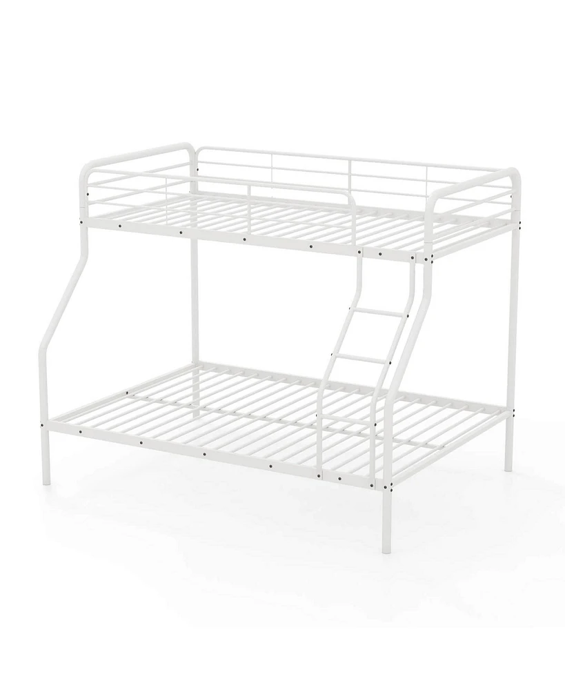 Twin over Full Metal Bunk Bed with Inclined Ladder Safety Guardrail, Slat Support