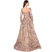 Lara Women's Long Sleeve Lace Gown with Overskirt