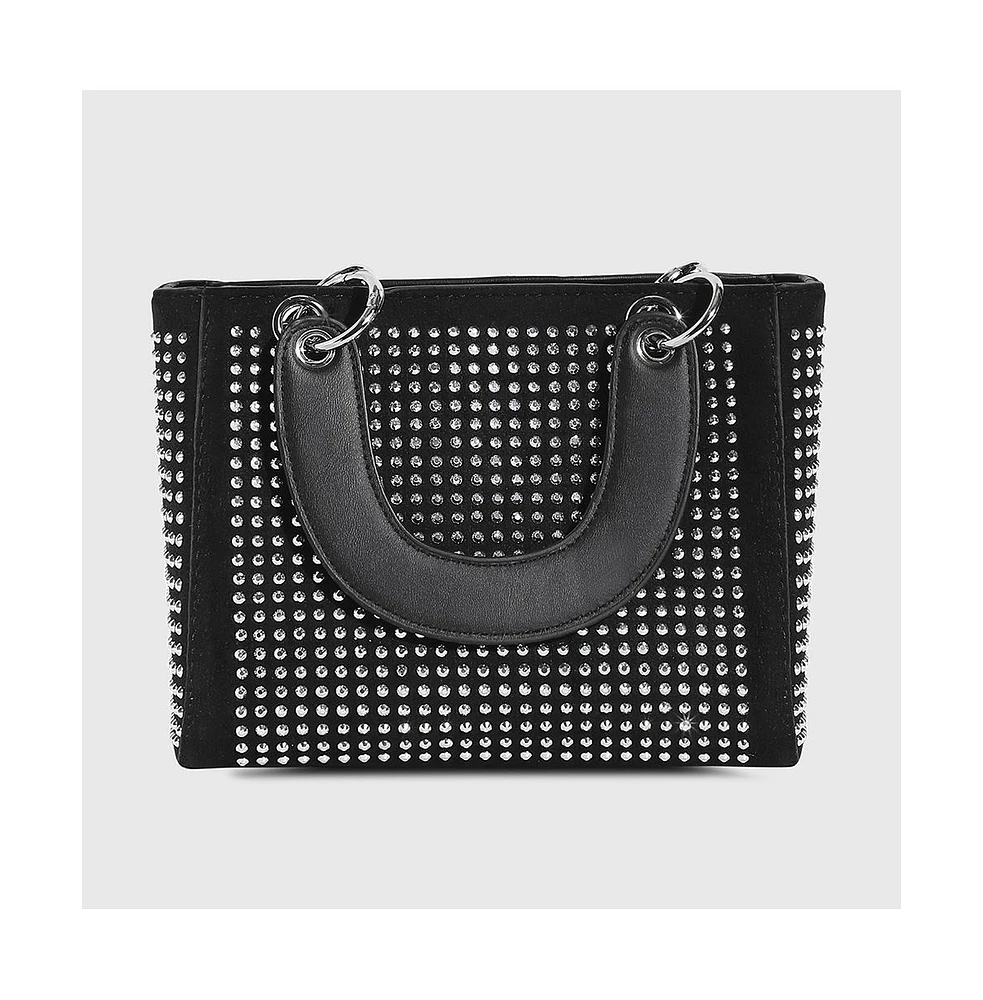 Women's Rhinestone Top Handle Handbag - Black