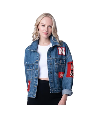 G-iii 4Her by Carl Banks Women's Denim Nebraska Huskers Game Ball Patches and Studs Full-Button Jacket