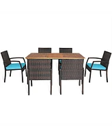 Gymax 7PCS Patio Dining Furniture Set Yard w/ Wooden Tabletop Turquoise Cushions