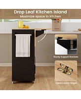 Drop Leaf Mobile Kitchen Island Cart with Power Outlet and Adjustable Shelf