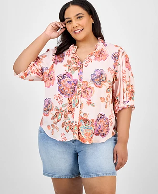 Democracy Trendy Plus Floral-Print Ruffle-Trim Blouse