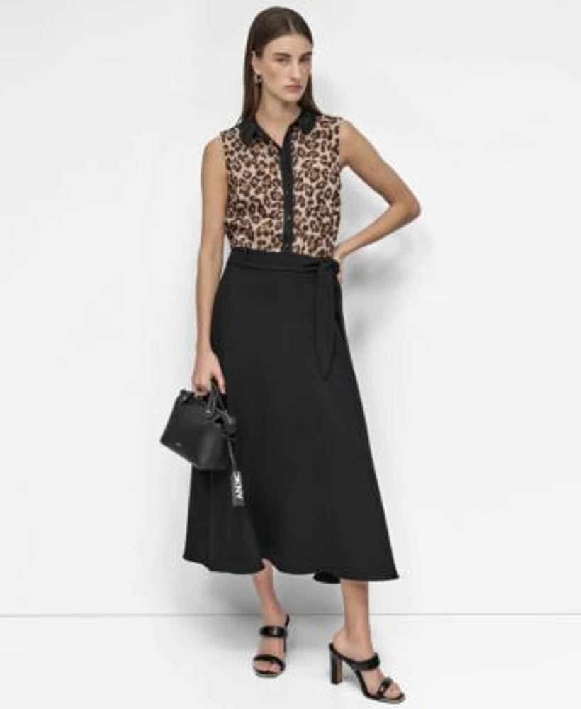 Dkny Womens Sleeveless Leopard Print Blouse Tie Waist Midi Skirt