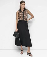 Dkny Womens Sleeveless Leopard Print Blouse Tie Waist Midi Skirt