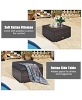 Gymax 4PCS Rattan Patio Conversation Furniture Set Yard Outdoor w/ Grey Cushion