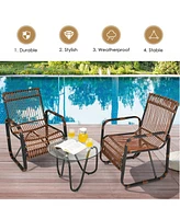 Gymax 3PCS Rattan Patio Conversation Set Bistro Furniture Set w/ Glass Table
