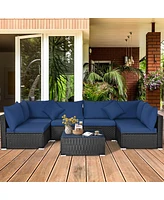 Gymax 7PCS Rattan Patio Conversation Set Sectional Furniture Set w/ Navy Cushion