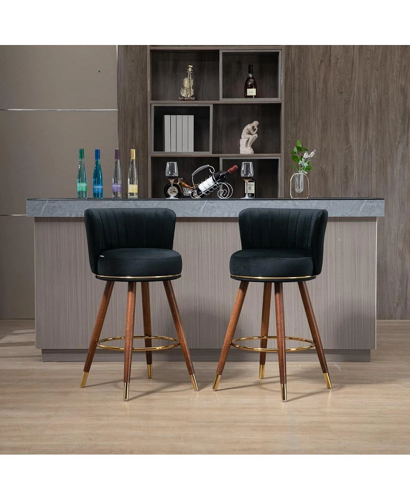 Set of 2 Upholstered Bar Stools with Solid Wood Legs and Footrest Fixed Height 360 Degree Swivel Counter Chairs for Kitchen Island Dining or Lounge Ar
