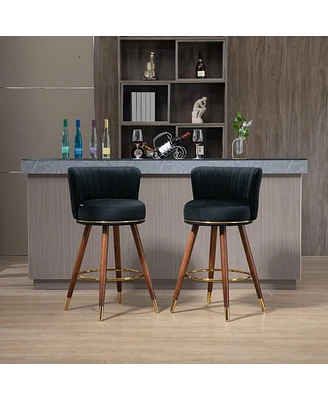 Set of 2 Upholstered Bar Stools with Solid Wood Legs and Footrest Fixed Height 360 Degree Swivel Counter Chairs for Kitchen Island Dining or Lounge Ar
