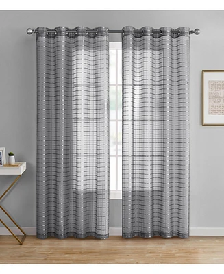 Kate Aurora 2 Piece Silver Plaid Grommet Top Sheer Window Curtain Panels