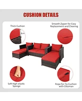 Gymax 5PCS Outdoor Patio Rattan Conversation Sofa Furniture Set w/ Red Cushions