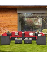 Gymax 8PCS Cushioned Rattan Patio Conversation Set w/ Side Table Red Cushion