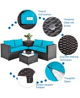Gymax 8PCS Cushioned Rattan Patio Conversation Set w/ Side Table Turquoise Cushion