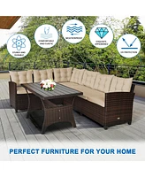 Gymax 3PCS Rattan Dining Sofa Set w/6 Cushioned Seats Patio Furniture