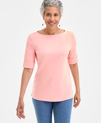 Style & Co Petite Cotton Elbow-Sleeve Boat-Neck Top, Exclusively at Macy's
