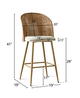 Set of 4 Rattan Back Bar Stools, 29" Beige Upholstered Bar Height Chairs with Woven Cane Back-Maison Boucle