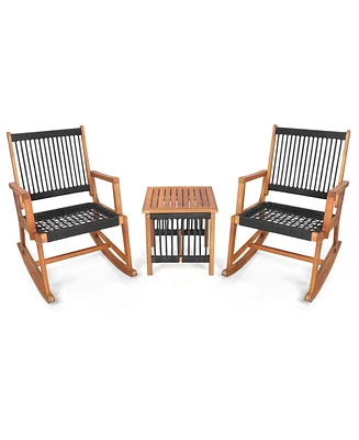 3pcs Patio Acacia Wood Bistro Table Rocking Chair Set All-Weather Rope Outdoor