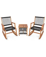 3pcs Patio Acacia Wood Bistro Table Rocking Chair Set All-Weather Rope Outdoor