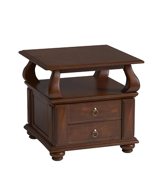 Sturdy Solid Wood Square End Table with Two Drawers and Open Shelf