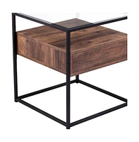 22" Black Glass And Iron Square End Table With Drawer With Shelf