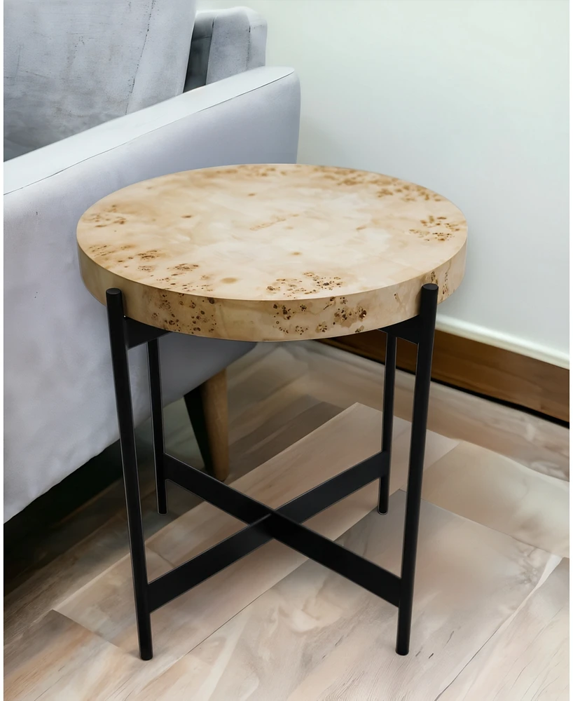 22" Industrial Round End Table Wood Top and Black Metal Legs