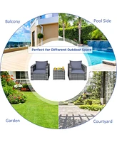 3 Pcs Patio Rattan Furniture Bistro Set Cushioned Sofa Chair Glass Table Garden