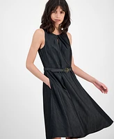 Tahari Asl Women's Belted Denim Sleeveless Fit & Flare Dress