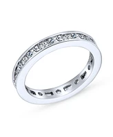 Bling Jewelry Minimalist Thin Pave Round Baguette Stackable Eternity Band Ring .925 Sterling Silver 2MM