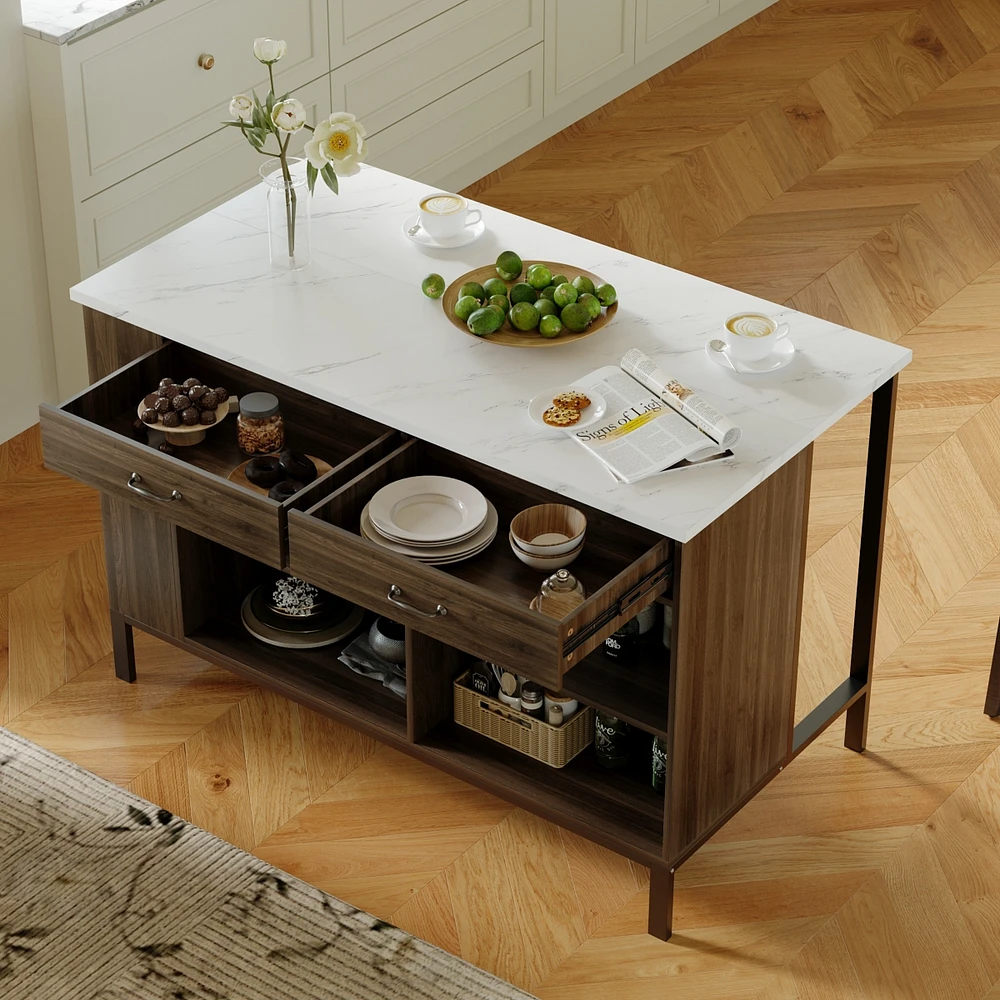 Kitchen island with 2 drawers, iron feet, island storage table with dining table, coffee station and microwave rack for home, dining room, marble and
