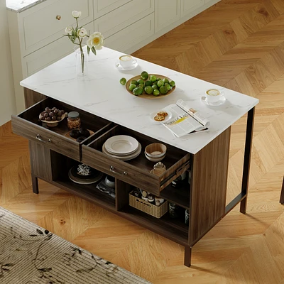 Kitchen island with 2 drawers, iron feet, island storage table with dining table, coffee station and microwave rack for home, dining room, marble and
