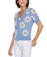 Belldini Women's Daisy Jacquard V-Neck Cardigan Sweater