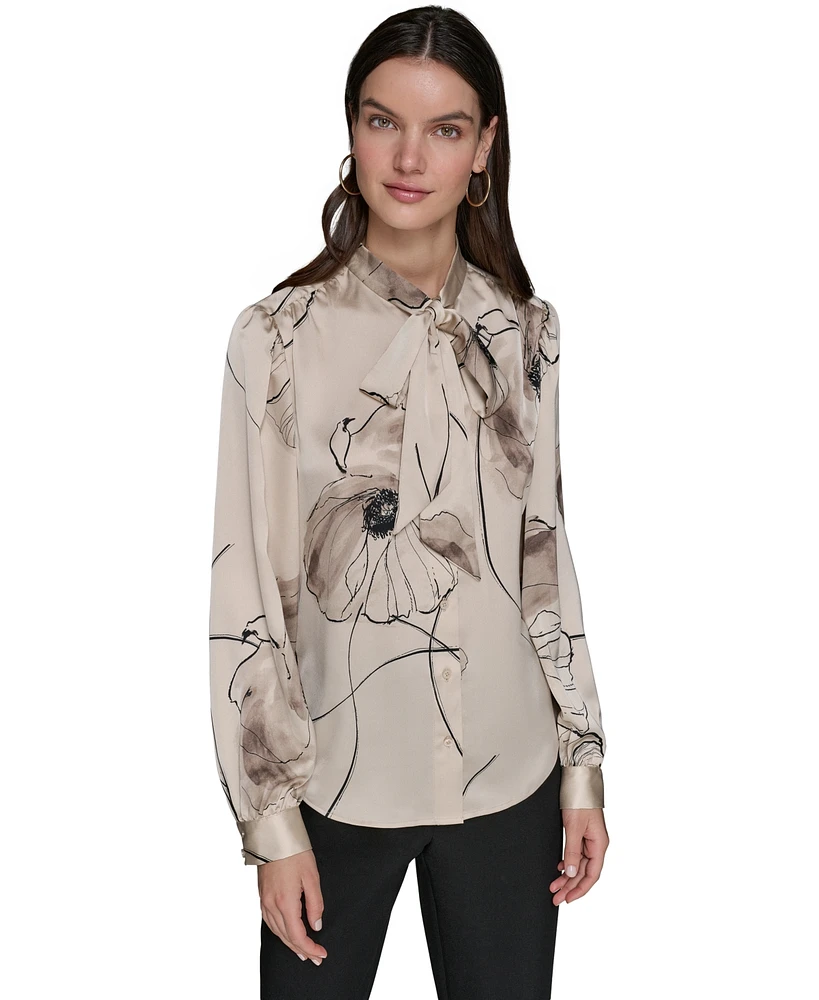 Karl Lagerfeld Paris Women's Printed Satin Tie-Neck Blouse