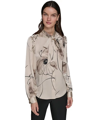 Karl Lagerfeld Paris Women's Printed Satin Tie-Neck Blouse