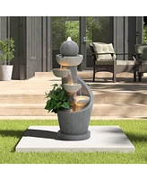 LuxenHome Gray Resin Spiral Sculpture with Bubbler 5-Tier Outdoor Fountain with Lights